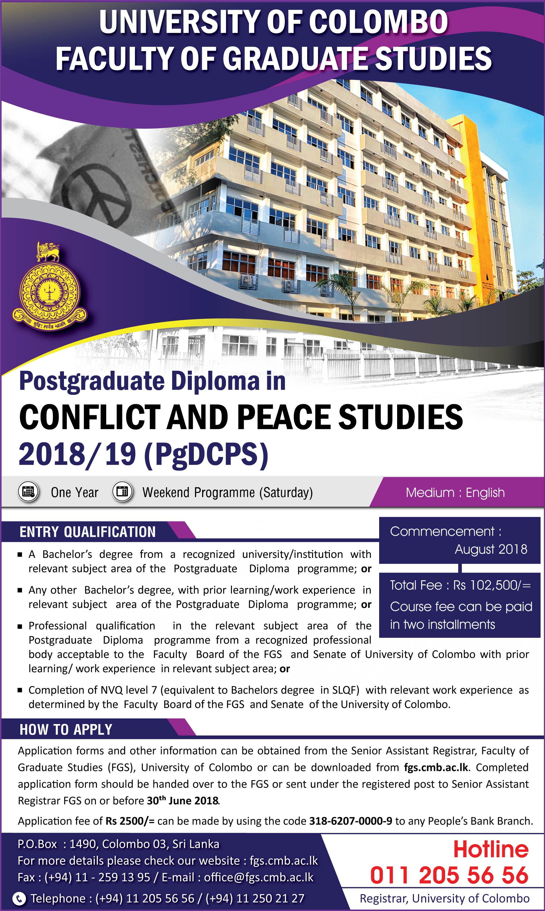 Postgraduate Diploma in Conflict & Peace Studies (PgDCPS) 2018/19 - Faculty of Graduate Studies - University of Colombo